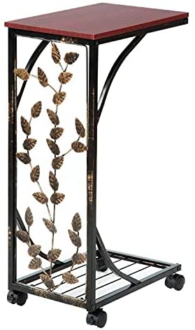 Rolling Sofa Side and End Table, Small - Metal, Dark Brown Wood Top with Leaf Design - Perfect for Your Living Room, Slides Up to Sofa/Chair/Recliner - Keep Snacks, Drinks Books & Phone at Easy Reach