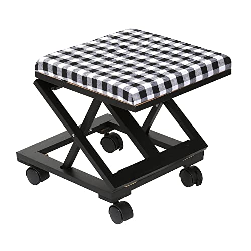 Etna Buffalo Plaid Folding Foot Rest Wooden Rolling Office Chair Leg Rest Collapsible Cushioned Footrest Ottoman Black White