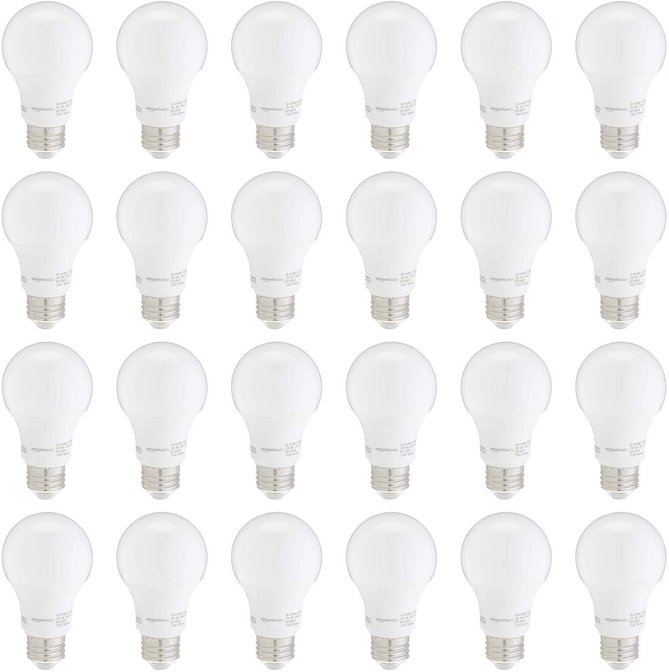 Amazon Basics 60W Equivalent, 3000K Warm White, Non-Dimmable, 10,000 Hour Lifetime, 9 Watt A19 LED Light Bulb, 24-Pack