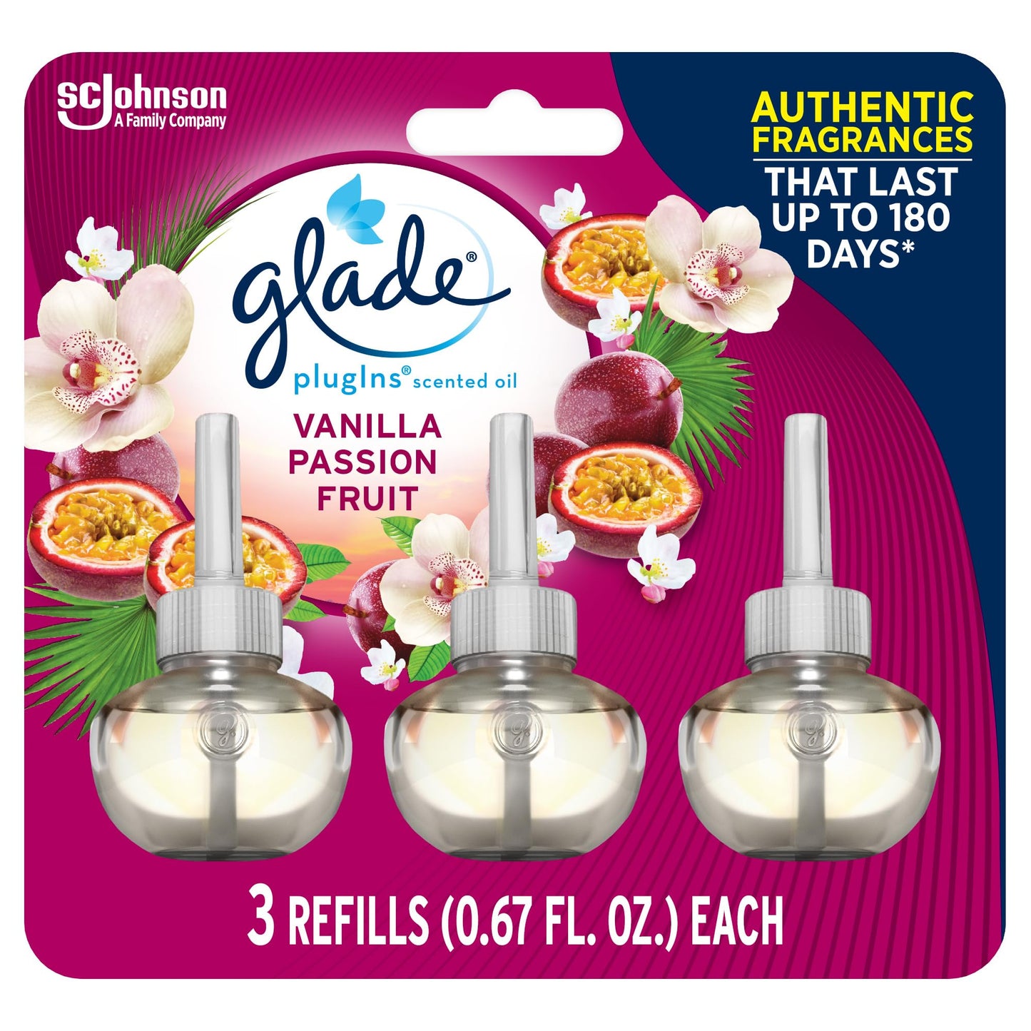 Glade PlugIns Refills Air Freshener, Scented and Essential Oils for Home and Bathroom, Vanilla Passion Fruit, 2.01 Fl Oz, 3 Count