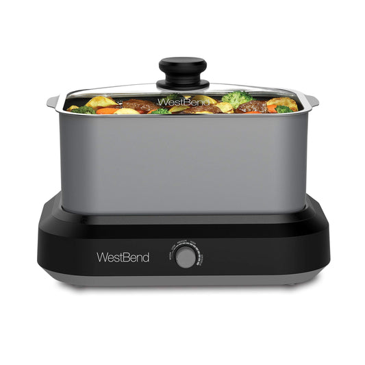 West Bend 87906 Slow Cooker, Large-Capacity Non-Stick Vessel with Variable Temperature Control, Travel Lid and Thermal Carrying Case, 6 Qt, Silver