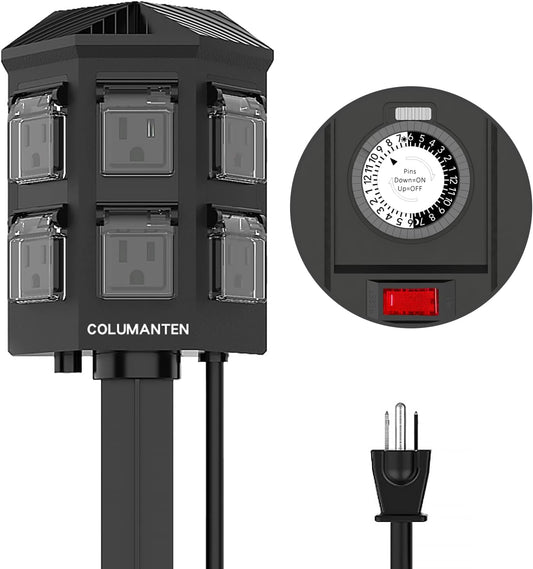 Columanten Outdoor Power Stake Timer, 24 Hour Mechanical Outdoor Timer Waterproof, 6 ft Extension Cord, 6 Grounded Outlets for Outdoor Lights, ETL Listed
