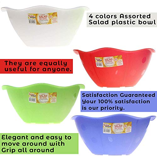 Plastic Salad Bowls Unbreakable 4 Assorted Colors, White, Green, Red and Blue, Perfect size Reusable Salad Containers BPA Free Eco-friendly Useful tableware
